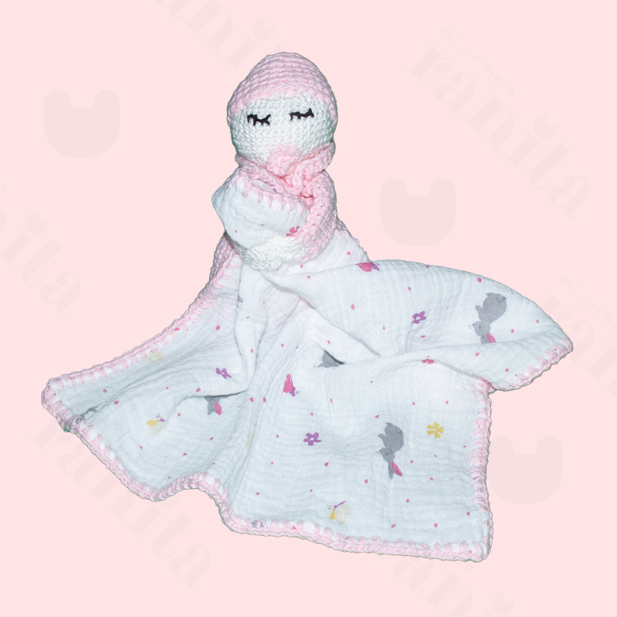 Muñeco Bebé con Muselina Bordado Rosa